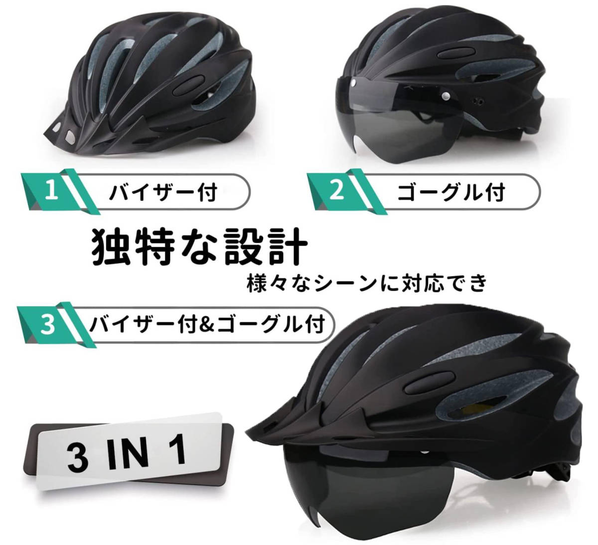 自転車 ヘルメット 大人用 CPSC/CE安全基準認証 充電式 セフティーライト付 57-62cm ゴーグル バイザー付 軽量の画像2