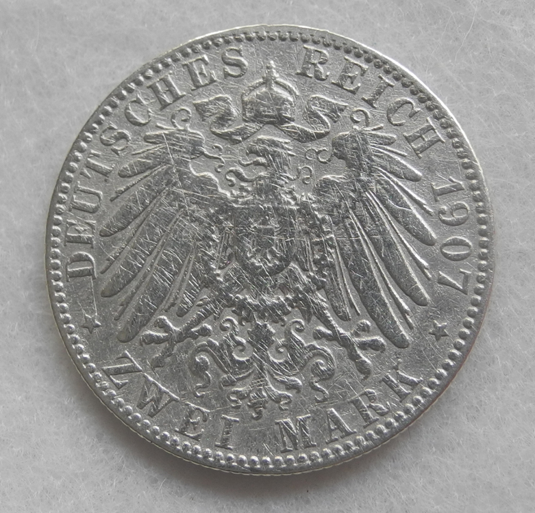 ドイツ ザクセン 2マルク銀貨 1907年 E ドイツ帝国 フリードリヒ Friedrich アンティーク コインの画像3