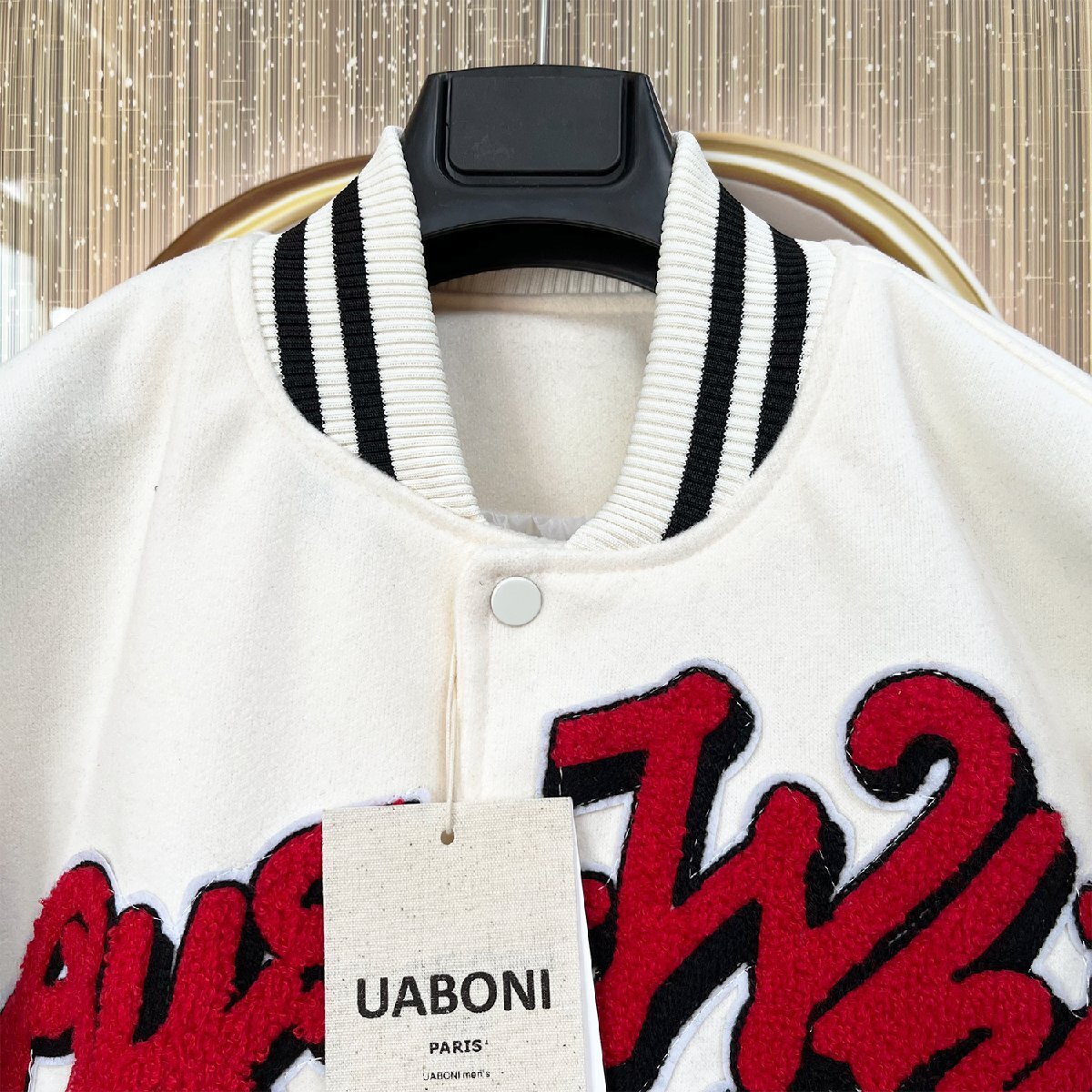 最高級EU製＆定価7万◆UABONI*Paris*スタジャン*ユアボニ*パリ発◆高品質カシミヤ 保温 アメカジ 刺繍 ワッペン レトロ スポーティ L/48_画像4