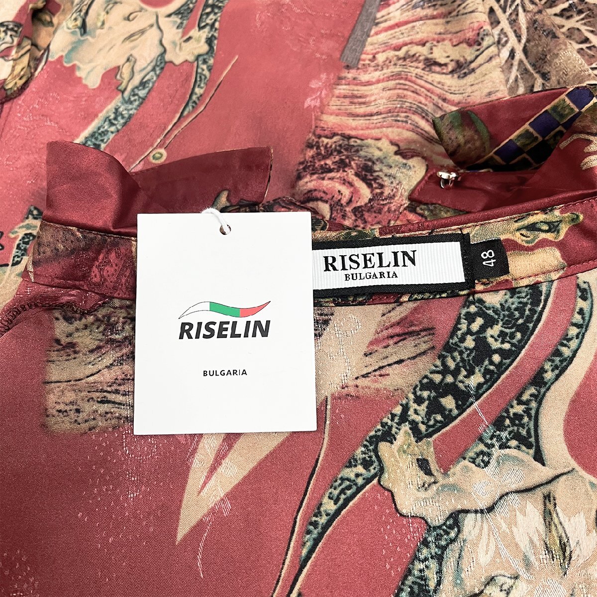 上級ヨーロッパ製※定価3万◆ブルガリア発※RISELIN 半袖Tシャツ 高級シルク混 速乾 薄手 総柄 折り襟 上品 トップス カジュアル 夏 M/46_画像10