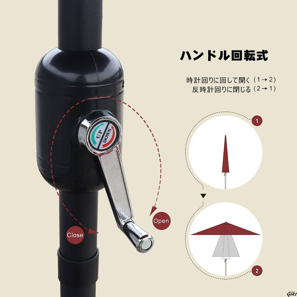 ガーデンパラソル 230cm パラソル ハンドル開閉 角度調整可能 撥水加工 折りたたみ 軽量 テラス 庭