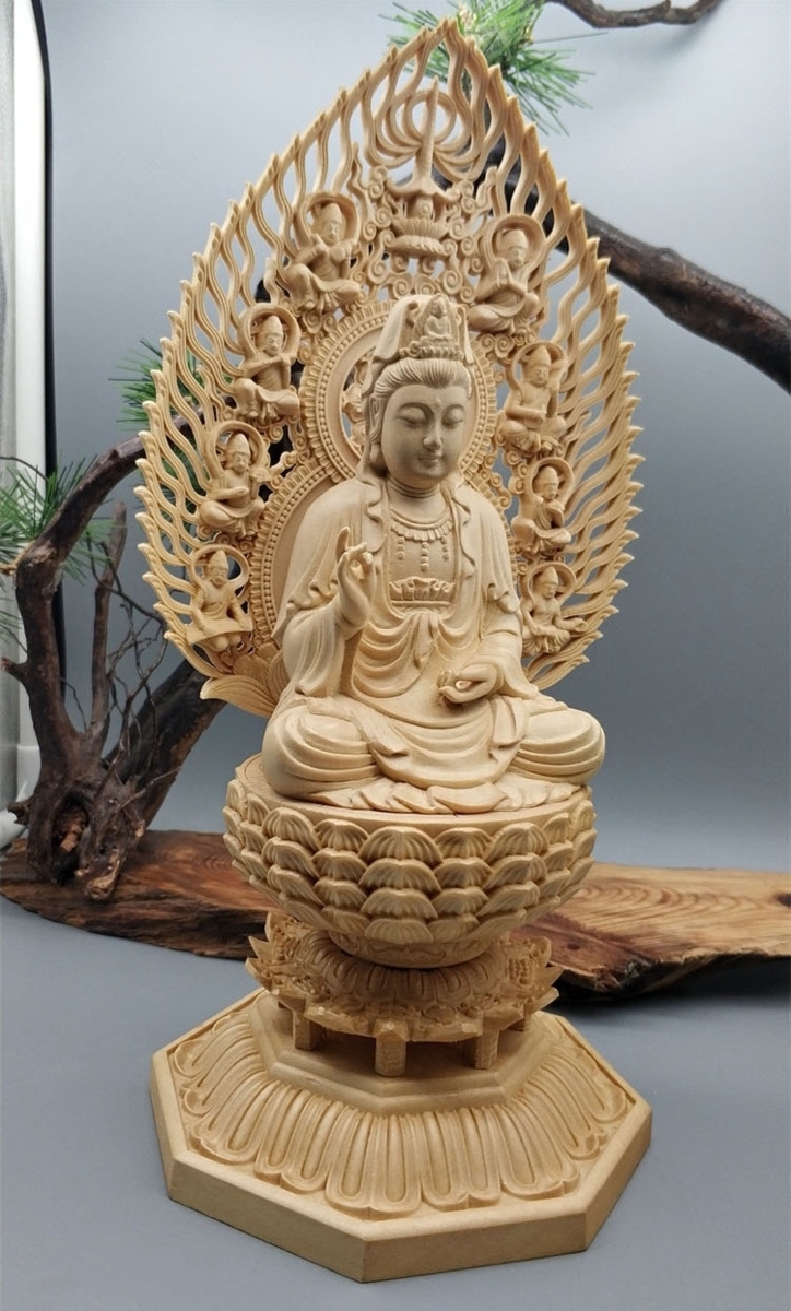 木彫仏像 観自在菩薩 仏教美術 木造観自在菩薩 蓮華丸台座 総高28cm