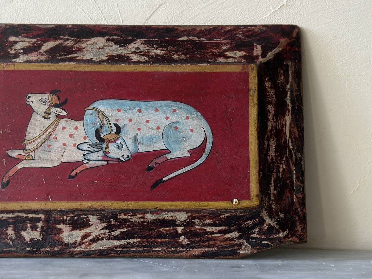 インド　アンティーク　ヴィンテージ　ハンドペイント　絵　壁掛け　アート　オブジェ　インテリア　ディスプレイ　牛　古道具_画像2