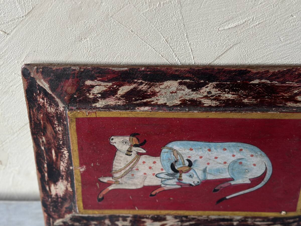 インド　アンティーク　ヴィンテージ　ハンドペイント　絵　壁掛け　アート　オブジェ　インテリア　ディスプレイ　牛　古道具_画像6