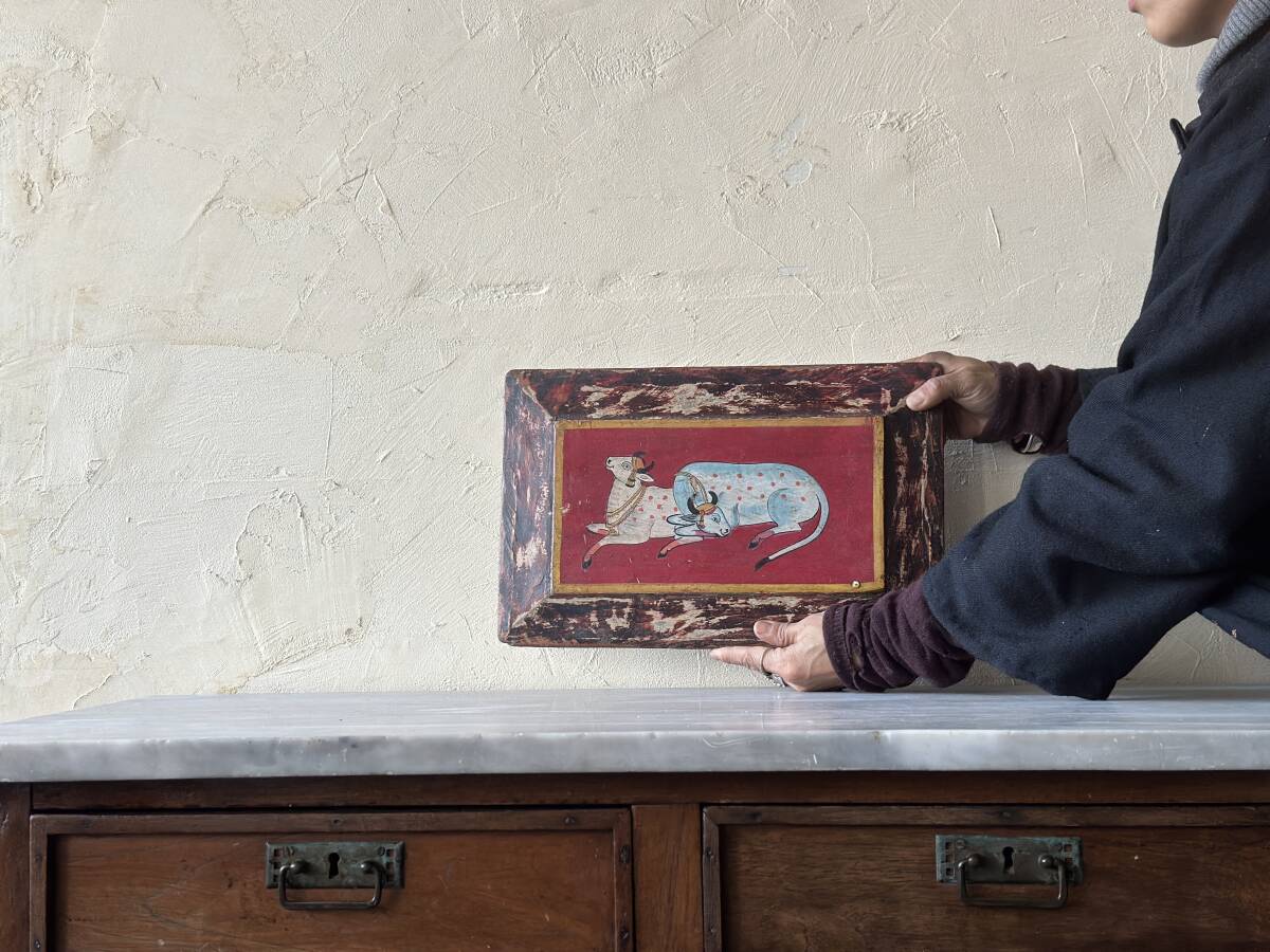 インド　アンティーク　ヴィンテージ　ハンドペイント　絵　壁掛け　アート　オブジェ　インテリア　ディスプレイ　牛　古道具_画像10