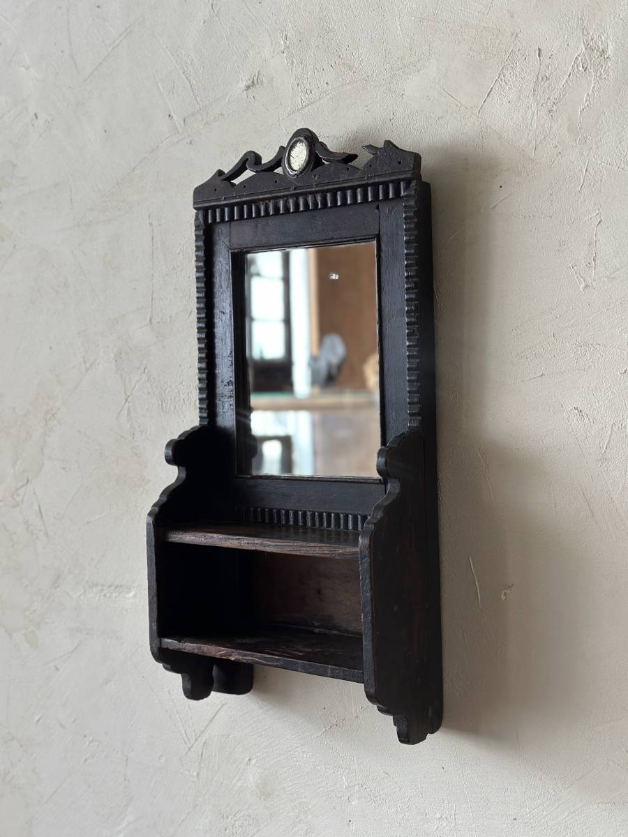 インド アンティーク 木製 壁掛け ミラー インテリア 小物入れ ディスプレイ 収納 ヴィンテージ 古木 鏡 アンティークミラーの画像2