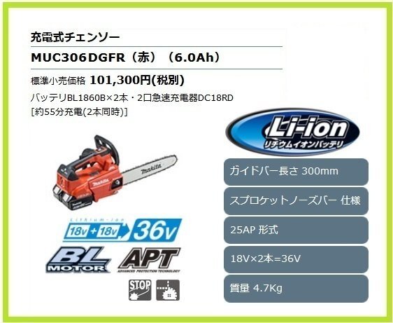 マキタ 300mm 18V 充電式チェンソー MUC306DGFR (赤)【18V+18V→36V】 ■安心のマキタ純正/新品/未使用■