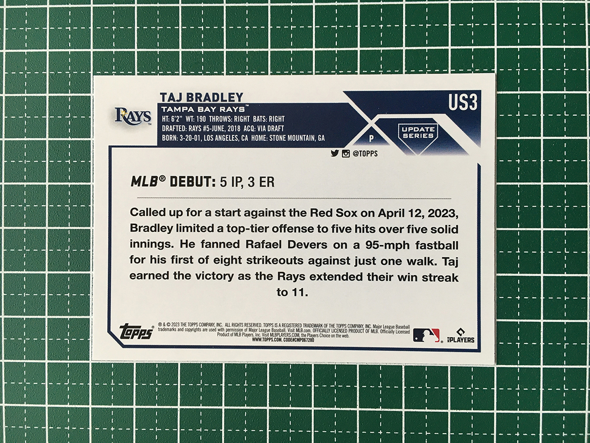 ★TOPPS MLB 2023 UPDATE #US3 TAJ BRADLEY［TAMPA BAY RAYS］ベースカード「RD」ルーキー「RC」★_画像2