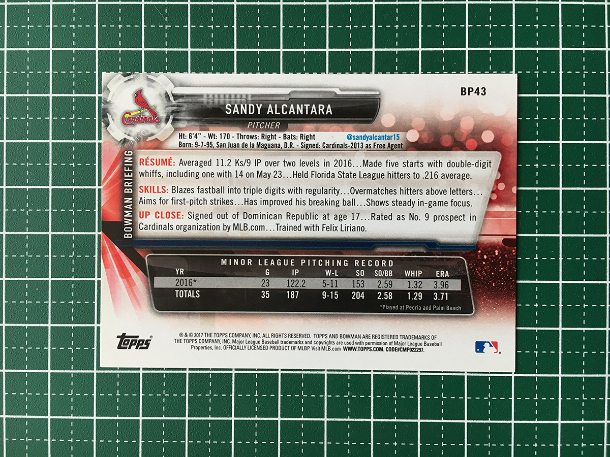 ★TOPPS MLB 2017 BOWMAN #BP43 SANDY ALCANTARA［ST. LOUIS CARDINALS］ベースカード「PROSPECTS」「1st」★の画像2