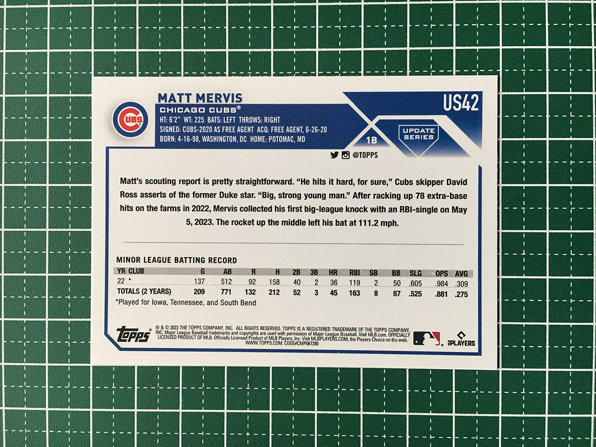 ★TOPPS MLB 2023 UPDATE #US42 MATT MERVIS［CHICAGO CUBS］ベースカード「BASE」ルーキー「RC」★_画像2