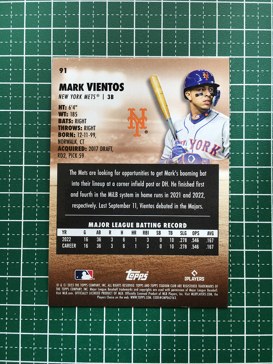 ★TOPPS MLB 2023 STADIUM CLUB #91 MARK VIENTOS［NEW YORK METS］ベースカード「BASE」ルーキー「RC」★_画像2