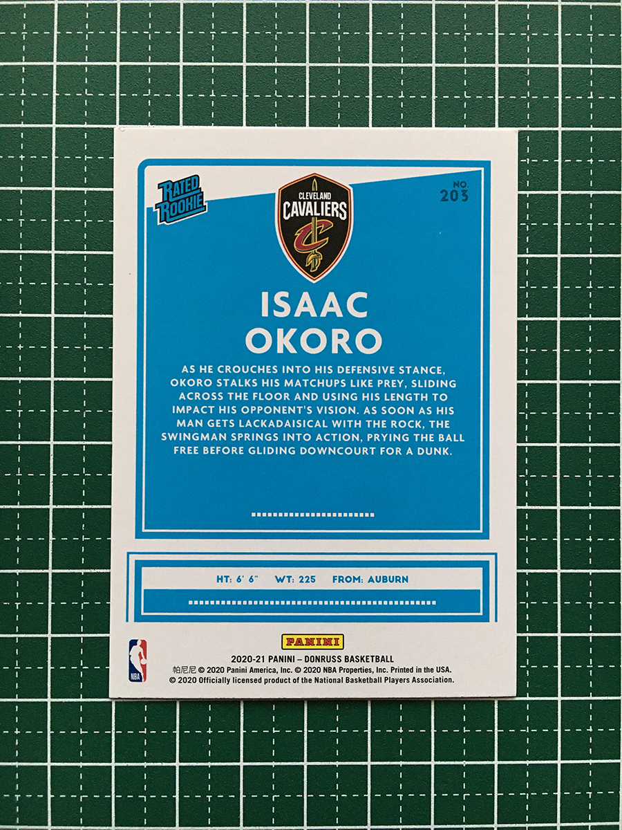 ★PANINI 2020-21 NBA DONRUSS #203 ISAAC OKORO［CLEVELAND CAVALIERS］ベースカード「RATED ROOKIE」ルーキー「RC」★_画像2