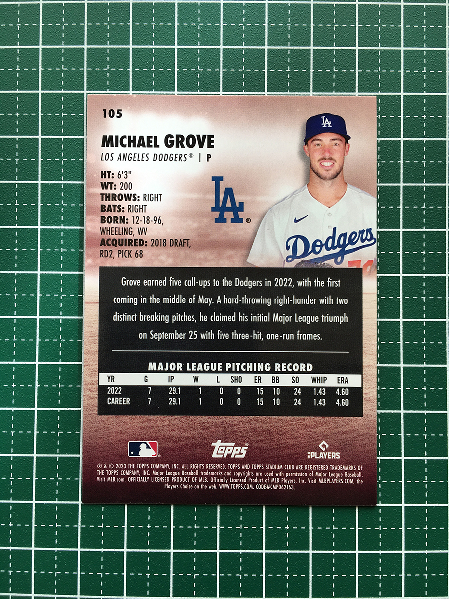 ★TOPPS MLB 2023 STADIUM CLUB #105 MICHAEL GROVE［LOS ANGELES DODGERS］ベースカード「BASE」ルーキー「RC」★_画像2