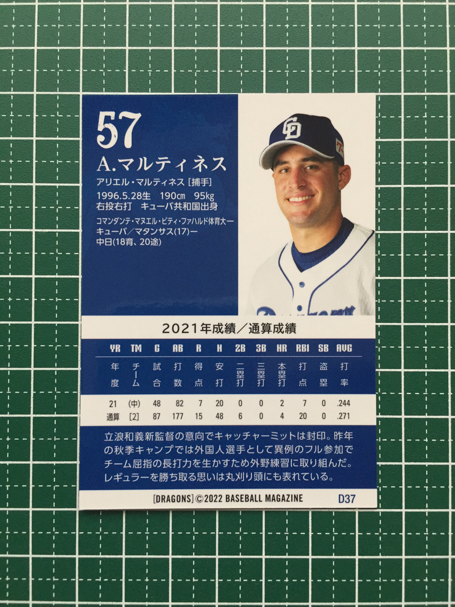 ★BBM 2022 プロ野球 ベースボールカード #D37 アリエル・マルティネス［中日ドラゴンズ］レギュラーカード★_画像2