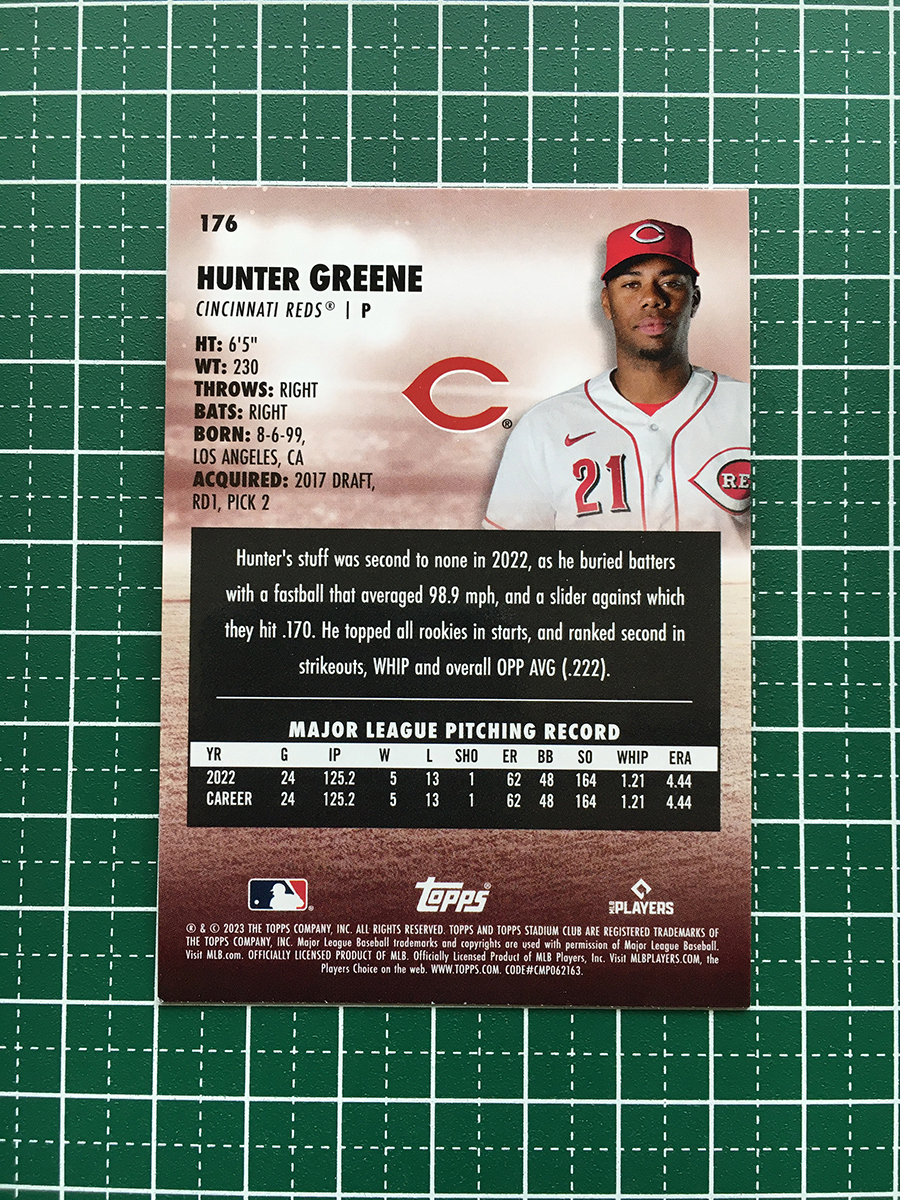 ★TOPPS MLB 2023 STADIUM CLUB #176 HUNTER GREENE［CINCINNATI REDS］ベースカード「BASE」★_画像2