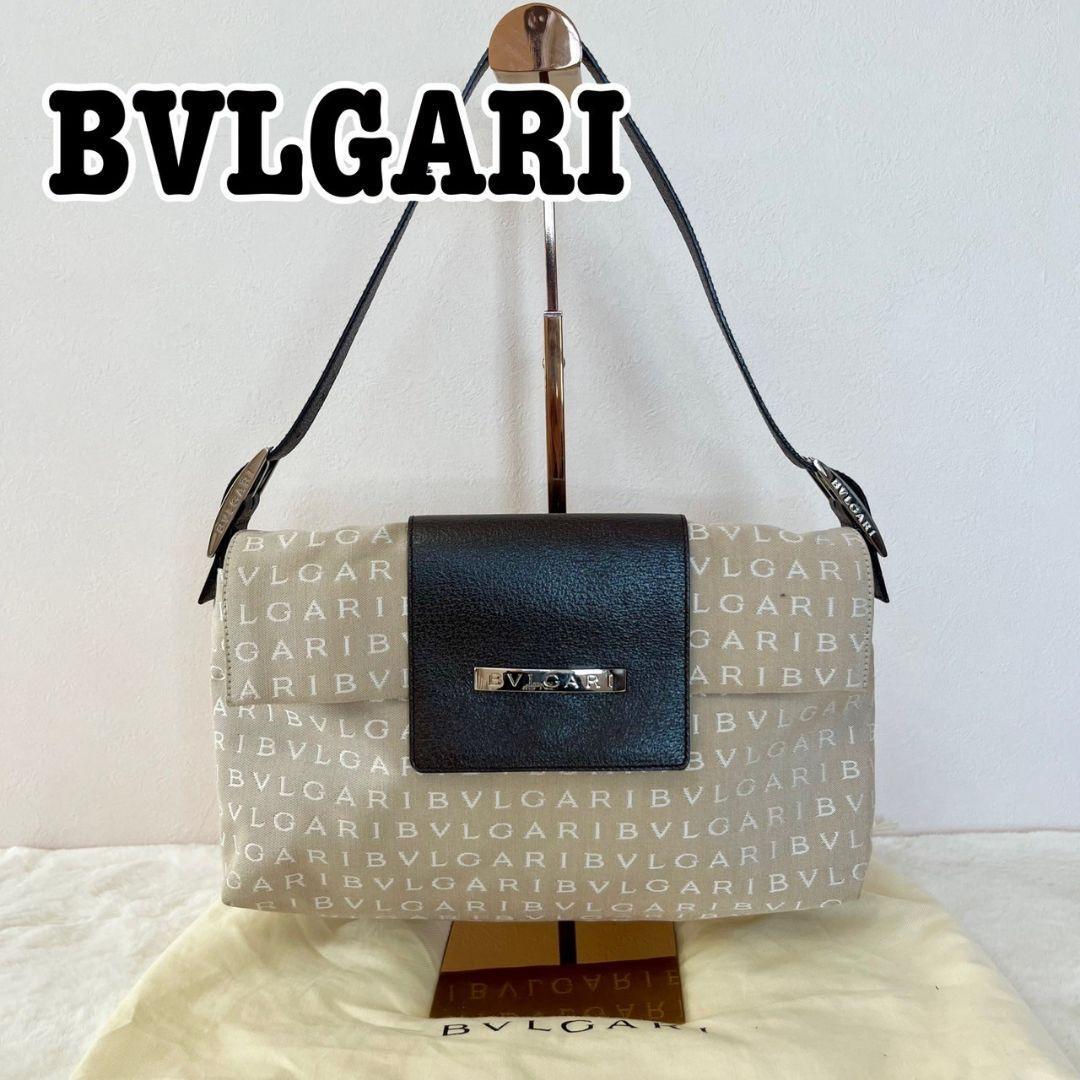 美品 BVLGARI ブルガリ ロゴマニア ワンショルダー バッグ ロゴ刺繍 レザー ベージュ ショルダーバッグ フラップ 肩掛け_画像1