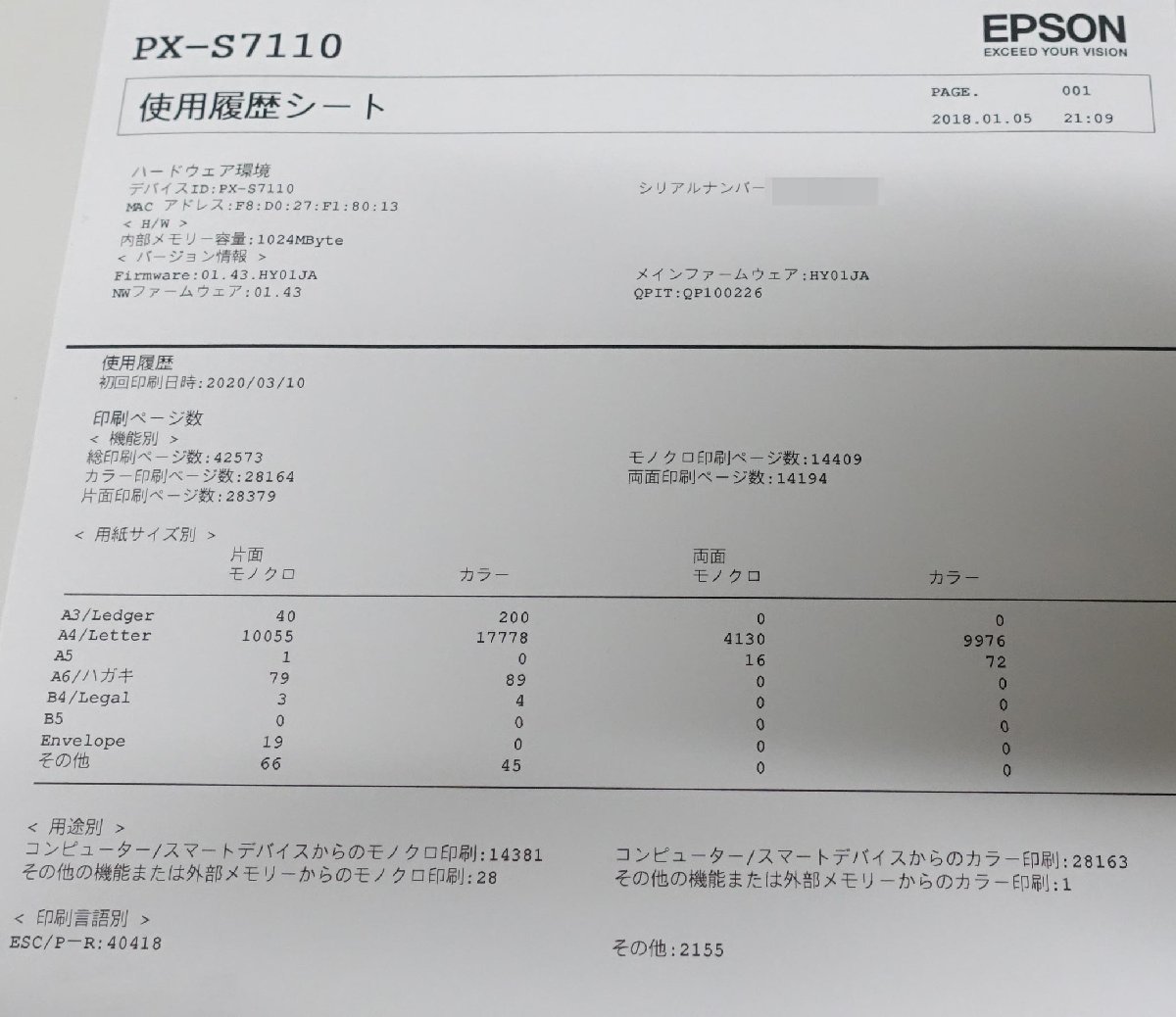 【個人様宅配送不可】EPSON PX-S7110 A3 ビジネスインクジェットプリンタ 印刷枚数 42,573枚 エプソン 日通トランスポート発送 N030605H_画像8