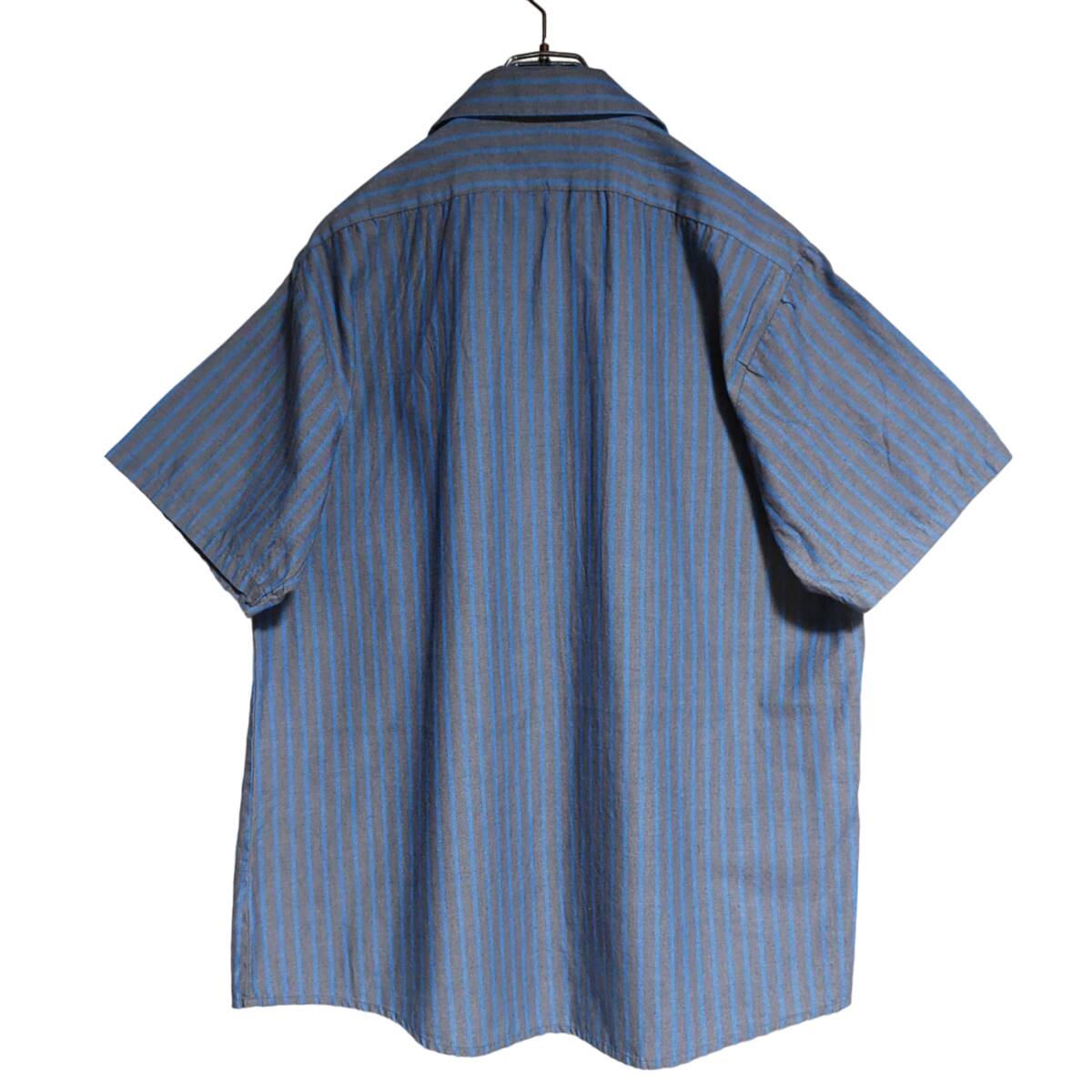 ARAMARK 半袖ワークシャツ size L ブルー ネイビー ストライプ ゆうパケットポスト可 胸 ワッペン FREIGHT LINER 古着 洗濯 プレス済 ｄ84の画像4