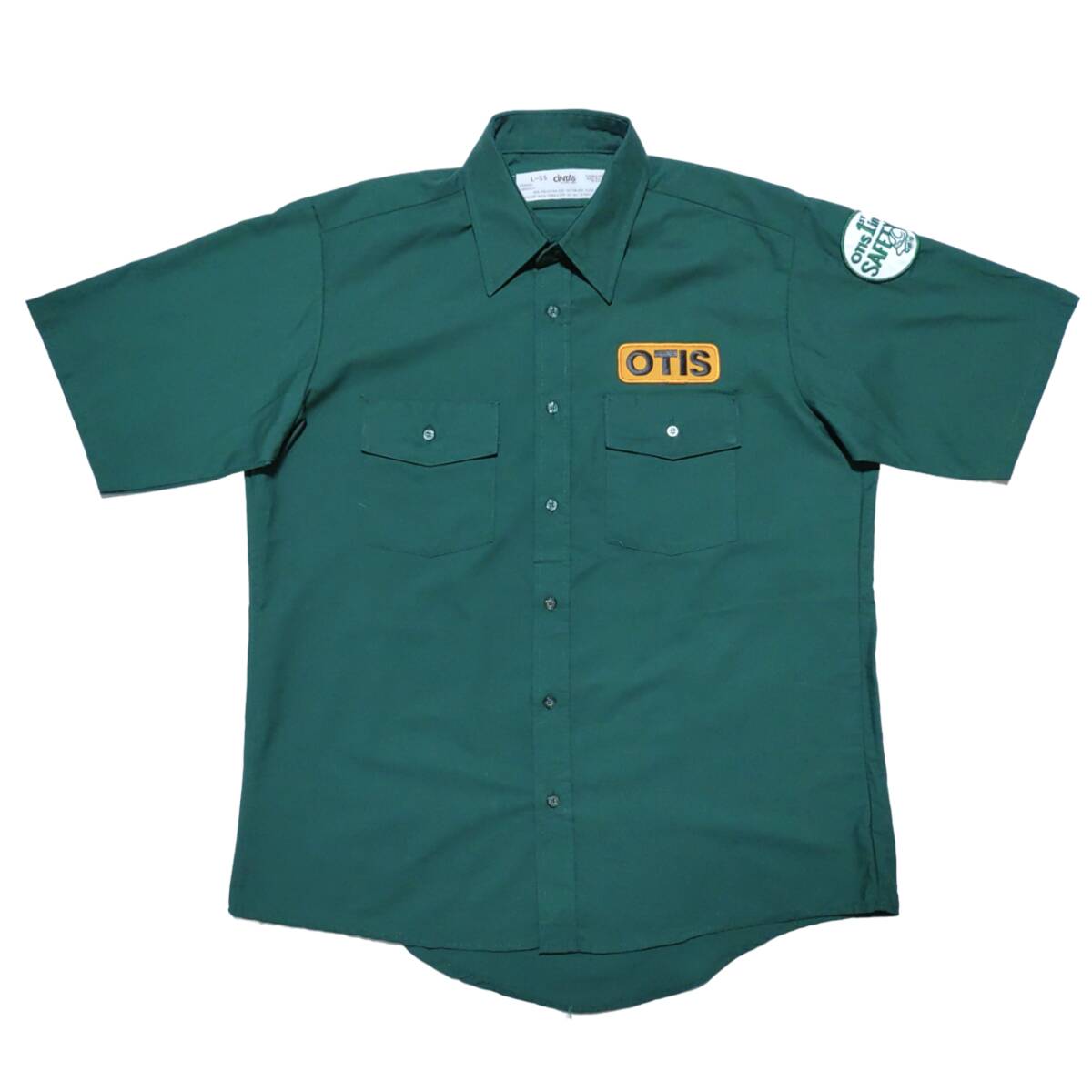 USA製 CiNTAS 半袖ワークシャツ size L グリーン ゆうパケットポスト可 胸 袖 ワッペン OTIS 古着 洗濯 プレス済 e13の画像6