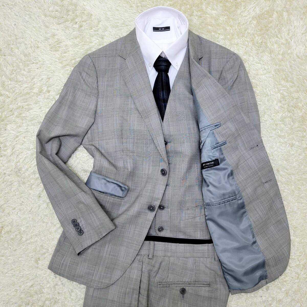  made in Italy Delphi e no× jet [3 piece ] flax cloth Tailor azabutailor suit setup tailored wool the smallest flexible Glenn check gray M rank 