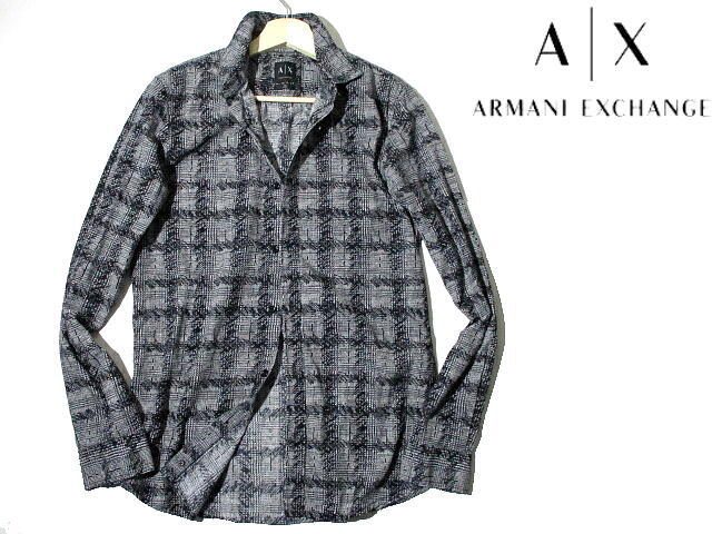 正規品■ 美品！ 即決　アルマーニエクスチェンジ　総柄　チェック　長袖シャツ　Sサイズ　黒　白　ARMANI EXCHANGE　AX　メンズ_画像1