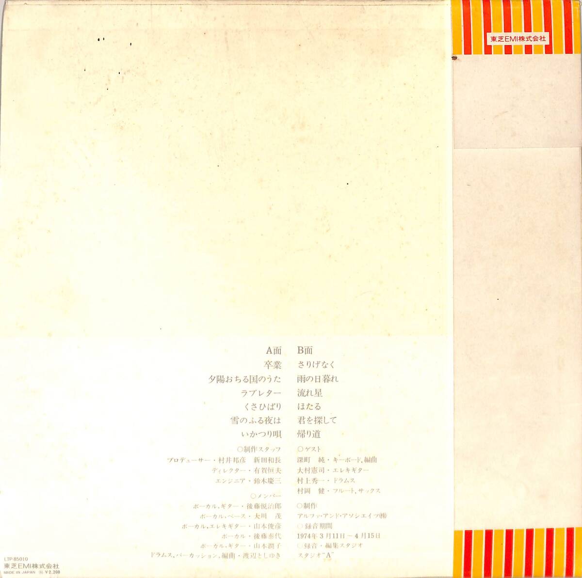 A00586615/LP/赤い鳥「書簡集　赤い鳥ラストアルバム (1974年・LTP-85010)」_画像2