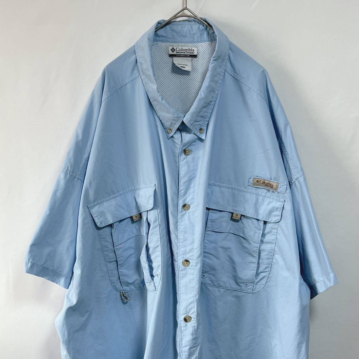 ColumbiaコロンビアPFGフィッシングシャツ 半袖シャツ ロゴ 水色 ビッグサイズ5X オーバーサイズ　ビッグシルエット_画像1