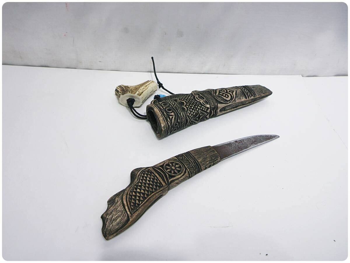 ①アイヌ民族 マキリ 鹿角 民族美術 狩猟刀 時代 ナイフ 木彫 工芸 北海道 アイヌの画像1