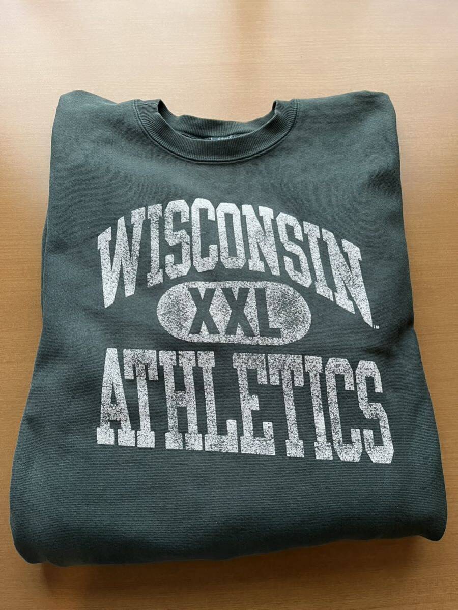 USA製 Champion reverse weave レアな目なし XL リバースウィーブ XLsize 三段プリント green Wisconsin athleticsの画像2