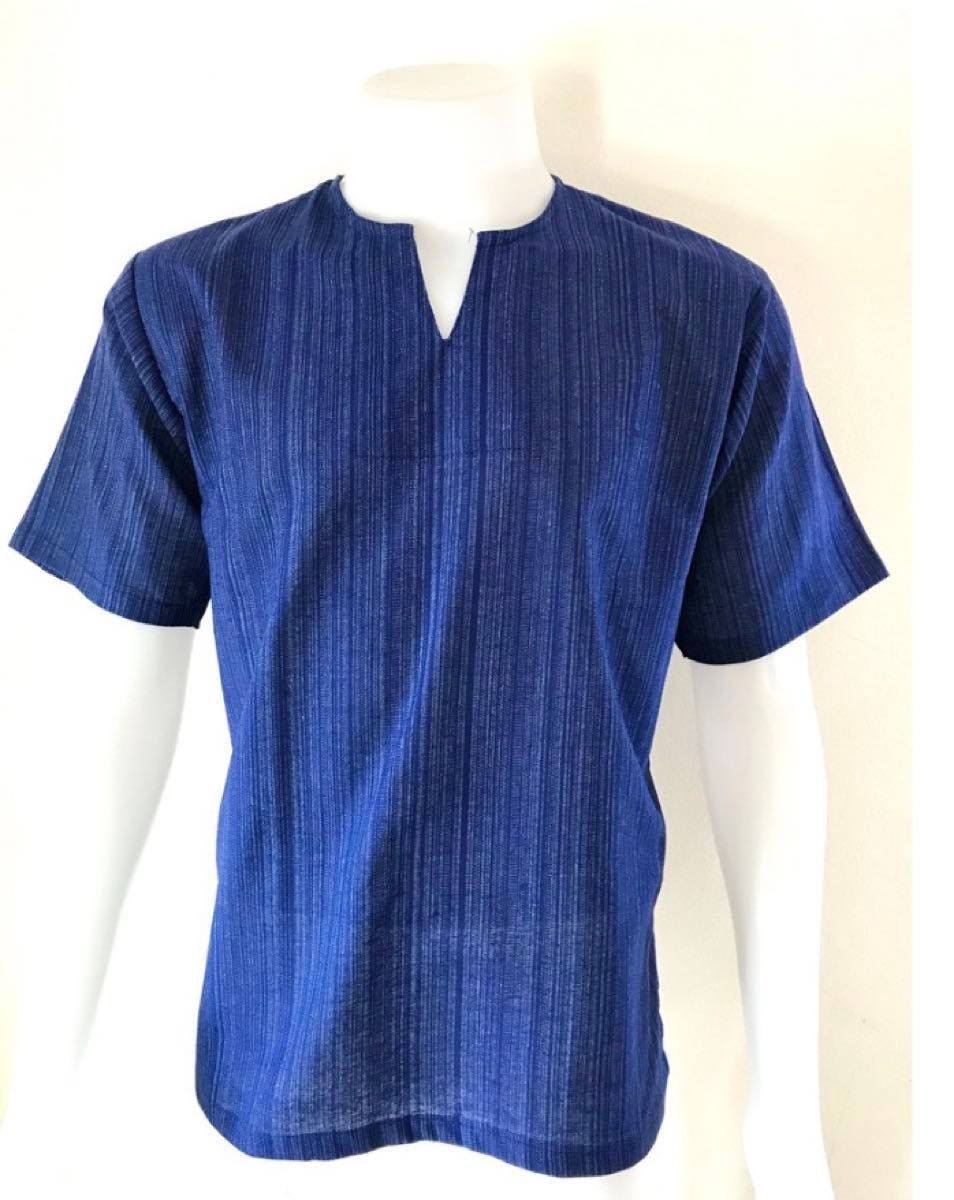 ブルー　Tシャツ　Vネック　半袖　シンプル　エスニック　アジアン　新品未使用