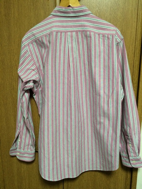 美品 Ralph Lauren ラルフローレン 大きめ 長袖ボタンダウンシャツ サイズＬL 赤茶色ベースに白＋緑＋灰色のストライプ 裾はラウンドカット_画像6