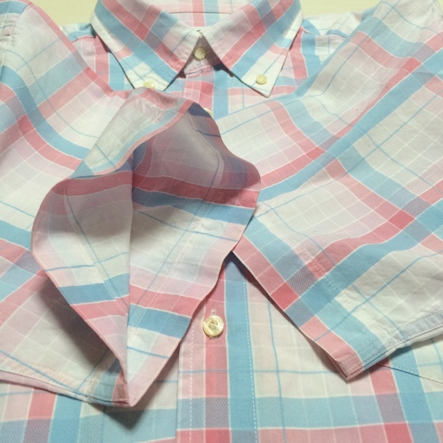 美品 LACOSTE ラコステ 半袖ボタンダウンシャツ サイズ５ 淡いピンク色ベースに水色＋濃いピンク＋白のタータンチェック柄 ポケットは柄合_画像8