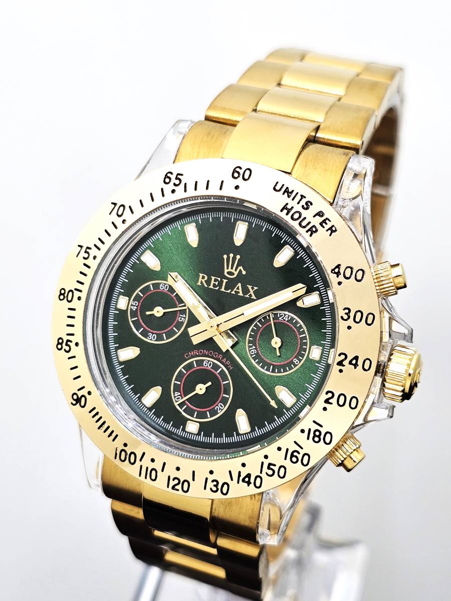 【激安1円】リラックス 王冠ロゴ D28-FGS カスタム腕時計 クロノ 鮮やかなグリーンカラーが大変魅力的なモデル グリーンダイヤル文字盤_画像3