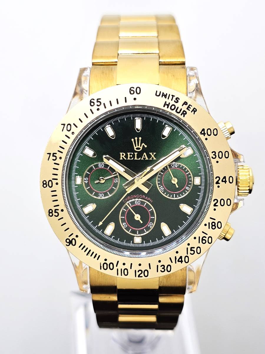 【激安1円】リラックス 王冠ロゴ D28-FGS カスタム腕時計 クロノ 鮮やかなグリーンカラーが大変魅力的なモデル グリーンダイヤル文字盤_画像1