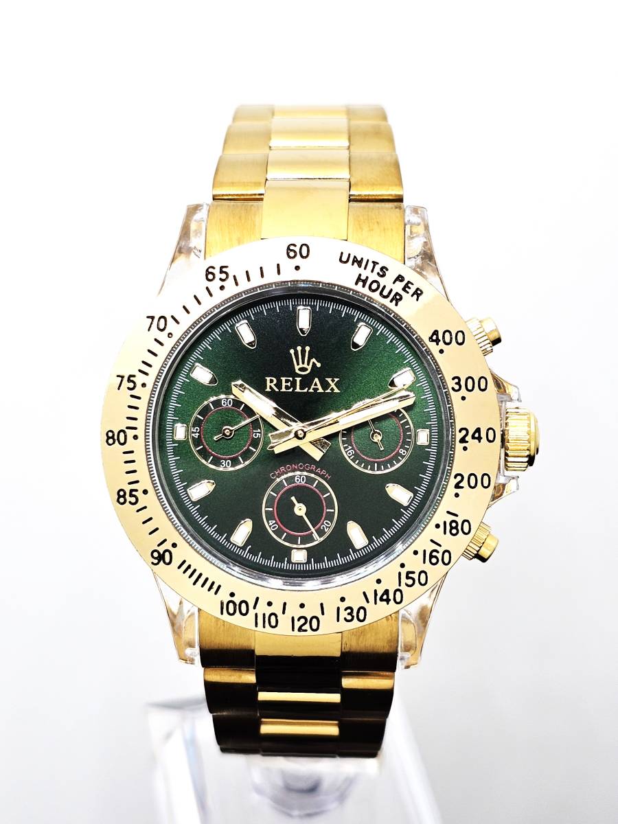 【激安1円】リラックス 王冠ロゴ D28-FGS カスタム腕時計 クロノ 鮮やかなグリーンカラーが大変魅力的なモデル グリーンダイヤル文字盤_画像2