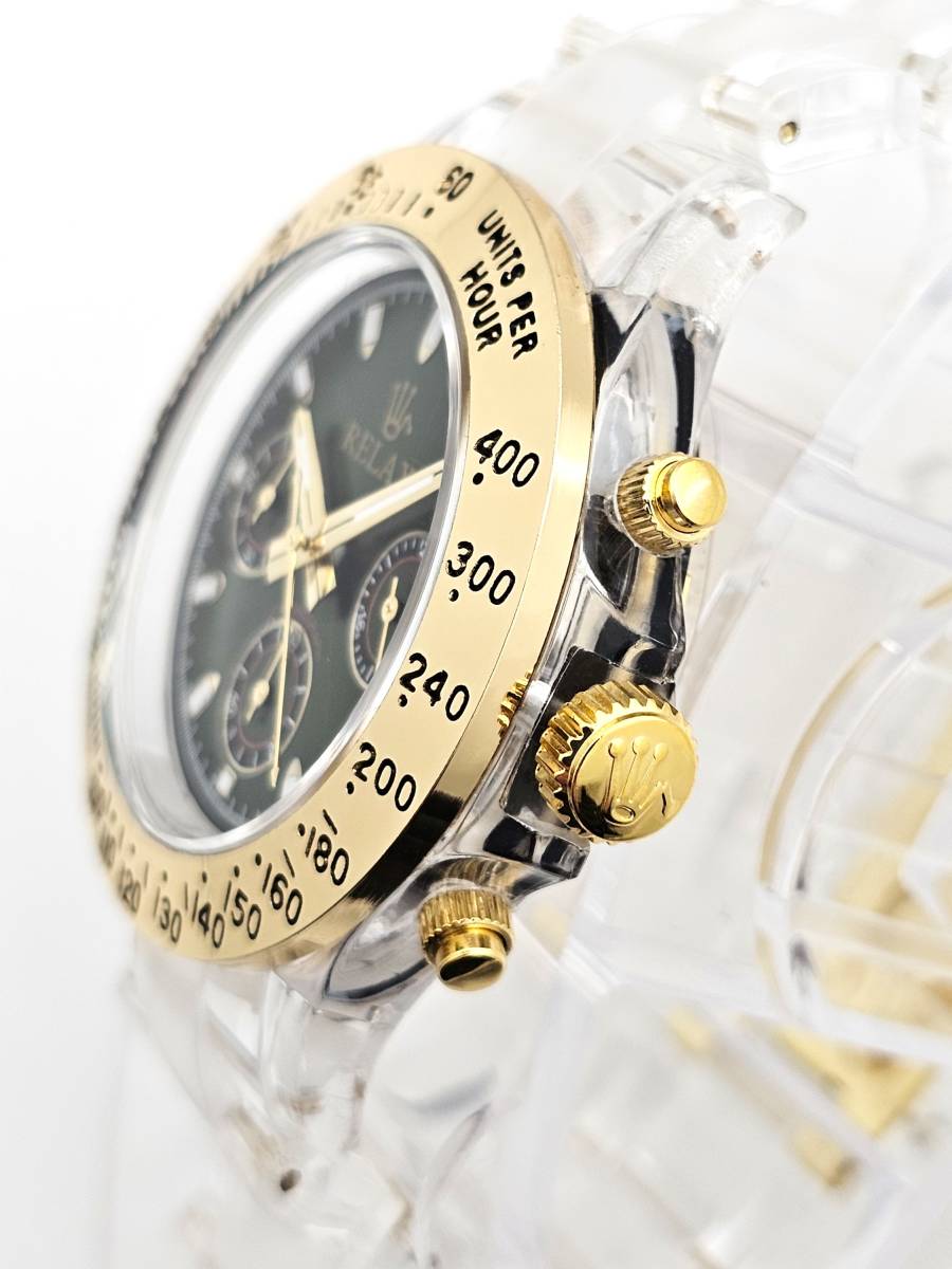 【3999円】リラックス 王冠ロゴ D28 腕時計 クロノ 鮮やかなグリーンカラーが大変魅力的なモデル グリーンダイヤル文字盤 世田谷ベース_画像5