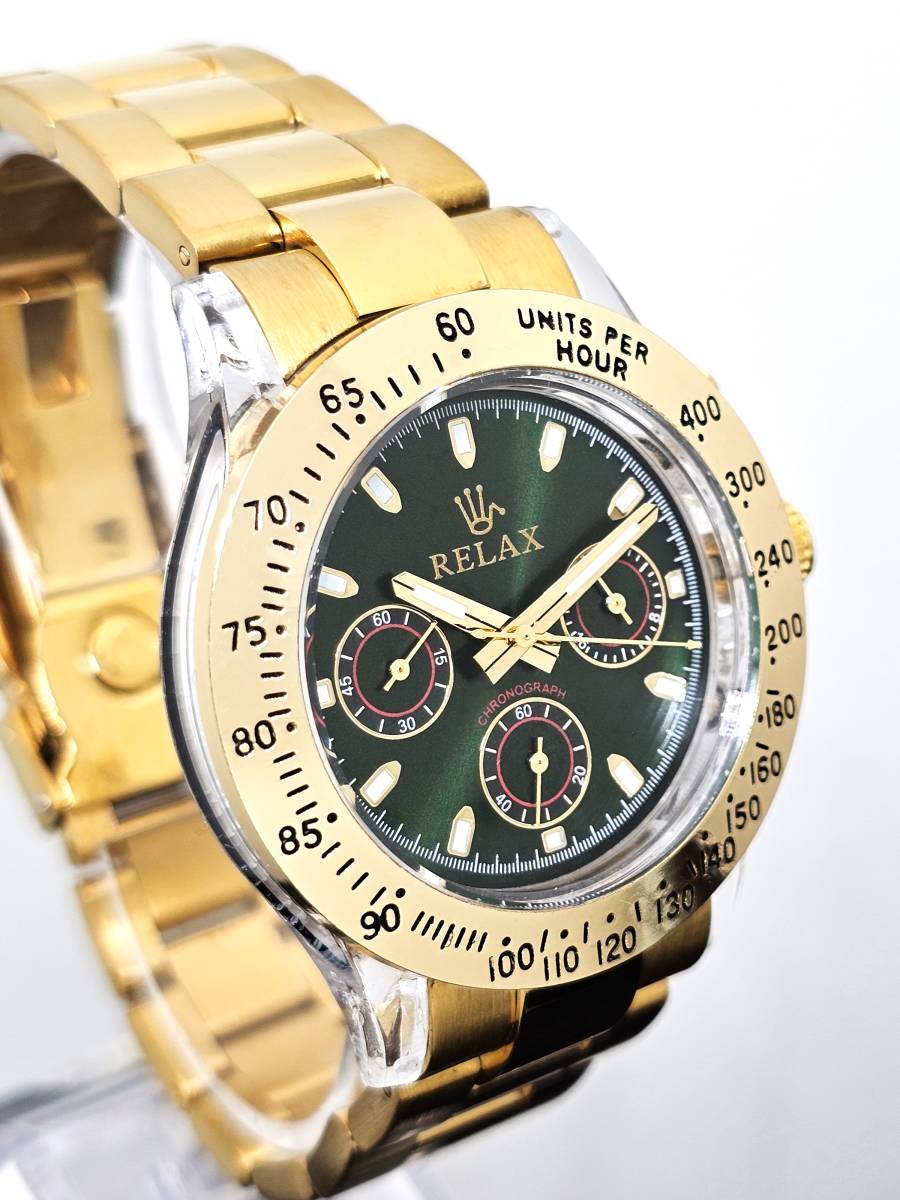 【激安】リラックス 王冠ロゴ D28-FGS カスタム腕時計 クロノ 鮮やかなグリーンカラーが大変魅力的なモデル グリーンダイヤル文字盤の画像4