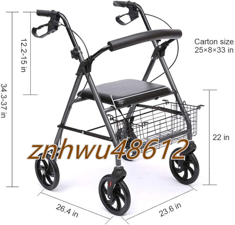 歩行器、4輪歩行器、高齢者・身障者用歩行器、折りたたみ式歩行器、ハンドルブレーキ付、歩行補助具、高さ調節可能、背もたれ、座面_画像6