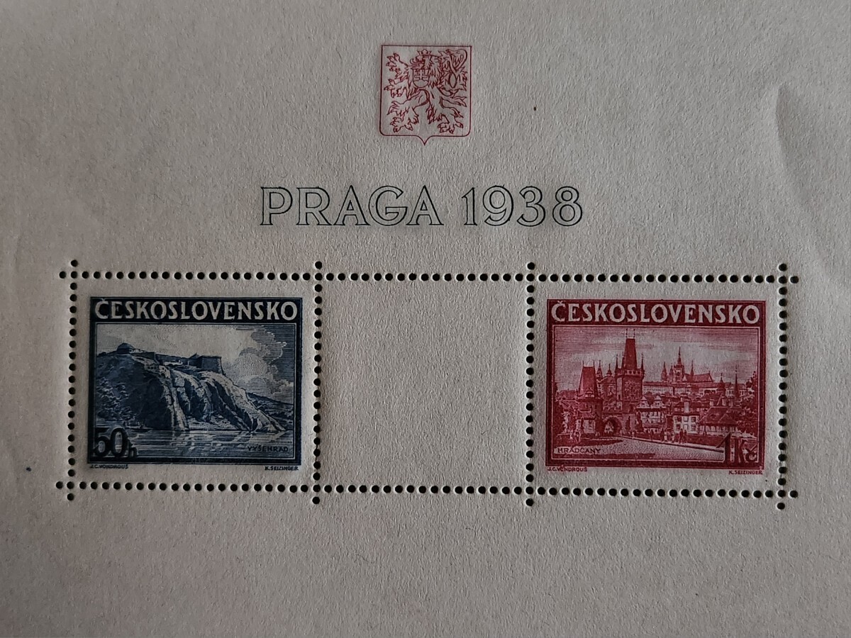 チェコスロバキア 1938年 プラハ切手展 小型シート 1種完 NH 背面やや難あり_画像2