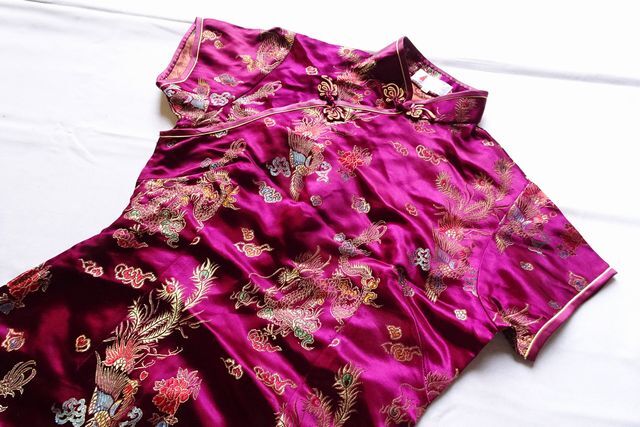 LAOGUDAI/ China dress / short sleeves long height One-piece / left side fastener / hem side slit / costume play clothes / red purple / wine color /M size (3/19R6)