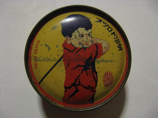 * Showa era the first period Meiji confectionery. Meiji Drop [ Golf pattern circle can ] tin plate pastry retro container Logo Mark advertisement package design *