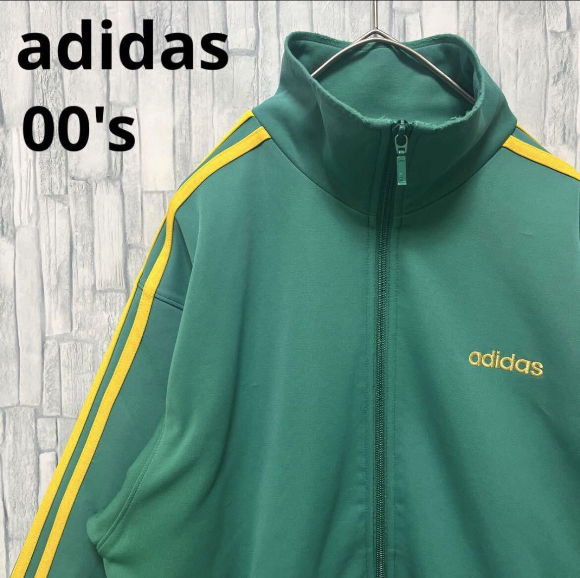 adidas アディダス ジャージ 上 トラックジャケット 00s 2000年代 サイズM グリーン 長袖 3ライン 3ストライプ 刺繍ロゴ ワンポイントロゴ_画像1