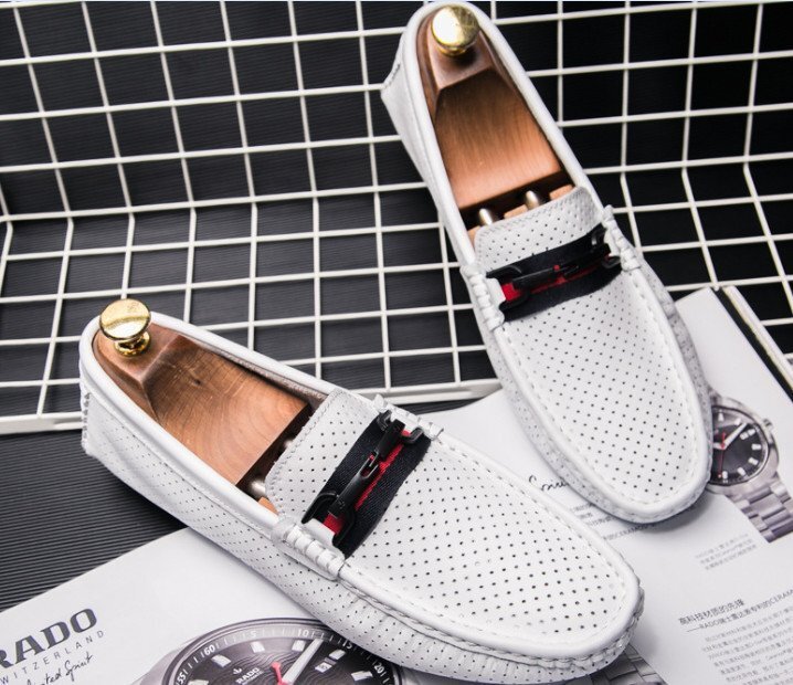  driving shoes Loafer original leather shoes men's spring summer cow leather slip-on shoes ... carving mesh ventilation white 24cm