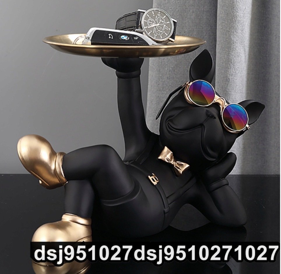 フレンチブルドッグの家の装飾 犬の像 ステンレス鋼のトレイ テーブルの装飾 動物の置物 おしゃれ ブラック_画像8