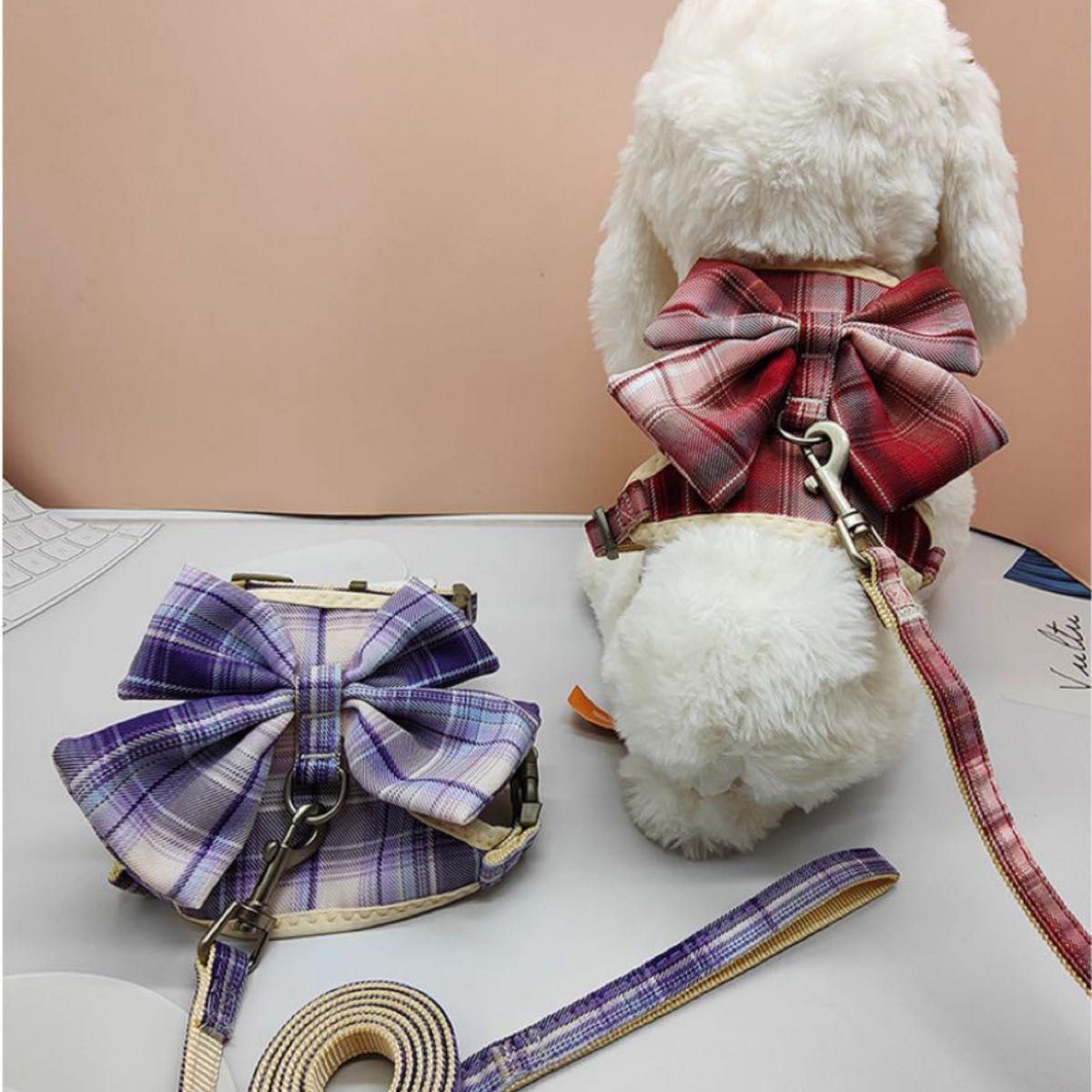 犬 猫 散歩 ハーネス リード セット リボン 小型犬 Sサイズ 可愛い 紫 胴輪
