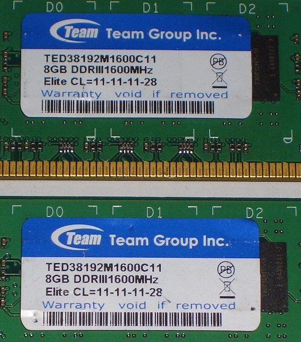 ◆Team Elite製 PC3-12800 (DDR3-1600) 16GB（8GB×2枚組）完動品 即決！③★送料120円！の画像2