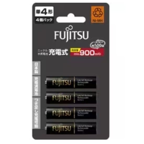 新品 未開封 FUJITSU 日本製 充電池 単４形 高容量 900mAh 500回 ４本入 HR-4UTHC（4B）の画像1