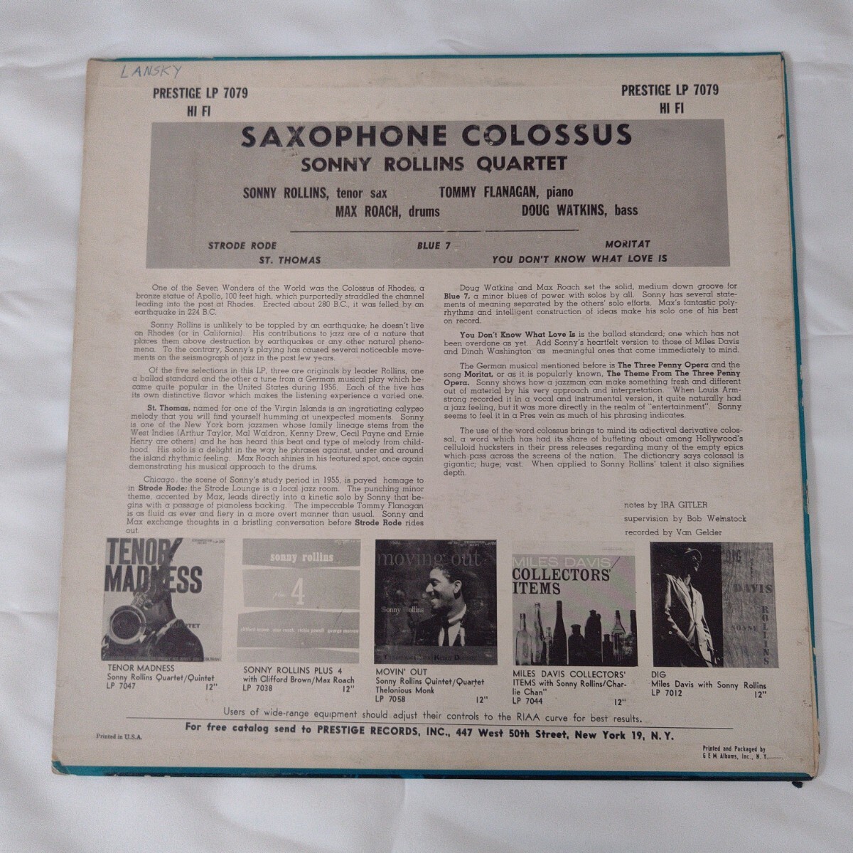AO0301 美盤 オリジナル Sonny Rollins SAXOPHONE COLOSSUS PRLP7079 Prestige ソニー・ロリンズ RVG 深溝 DG NYCの画像2