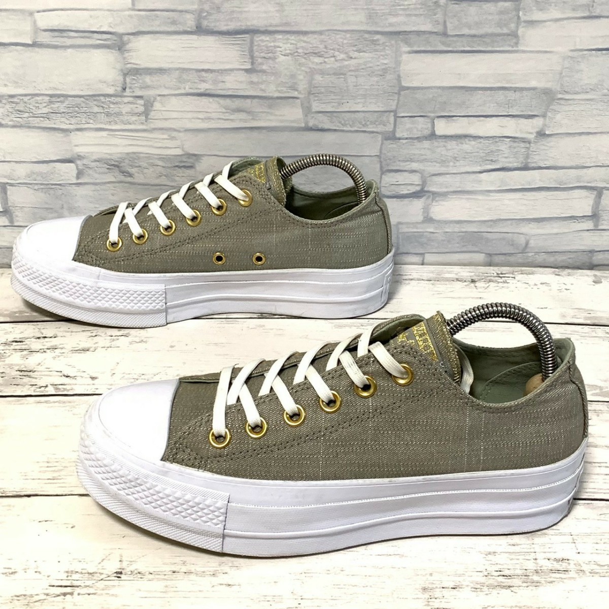 R5697bE CONVERSE コンバース スニーカー カーキ×ホワイト レディース 24.5cm ALL STAR オールスター 厚底 シューズ 靴 _画像2