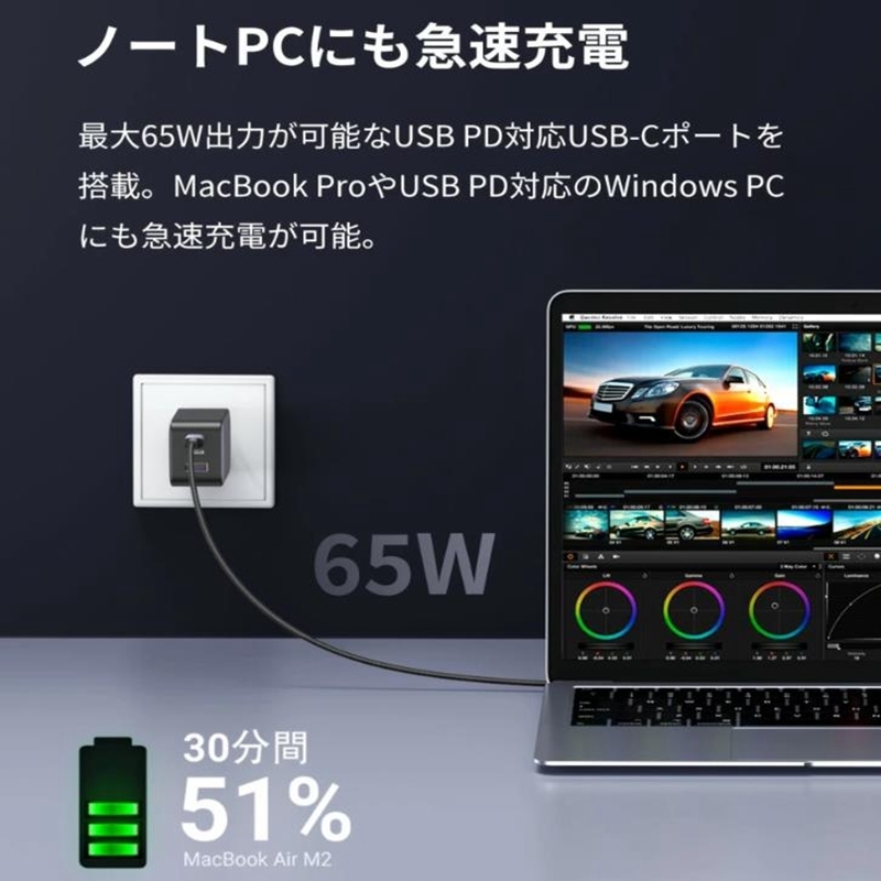 UGREEN Nexode 充電器 PD3.0急速充電器 65W PSE技術基準適合 折り畳み式 USB-C*2とUSB-A*1 新品未使用_画像5